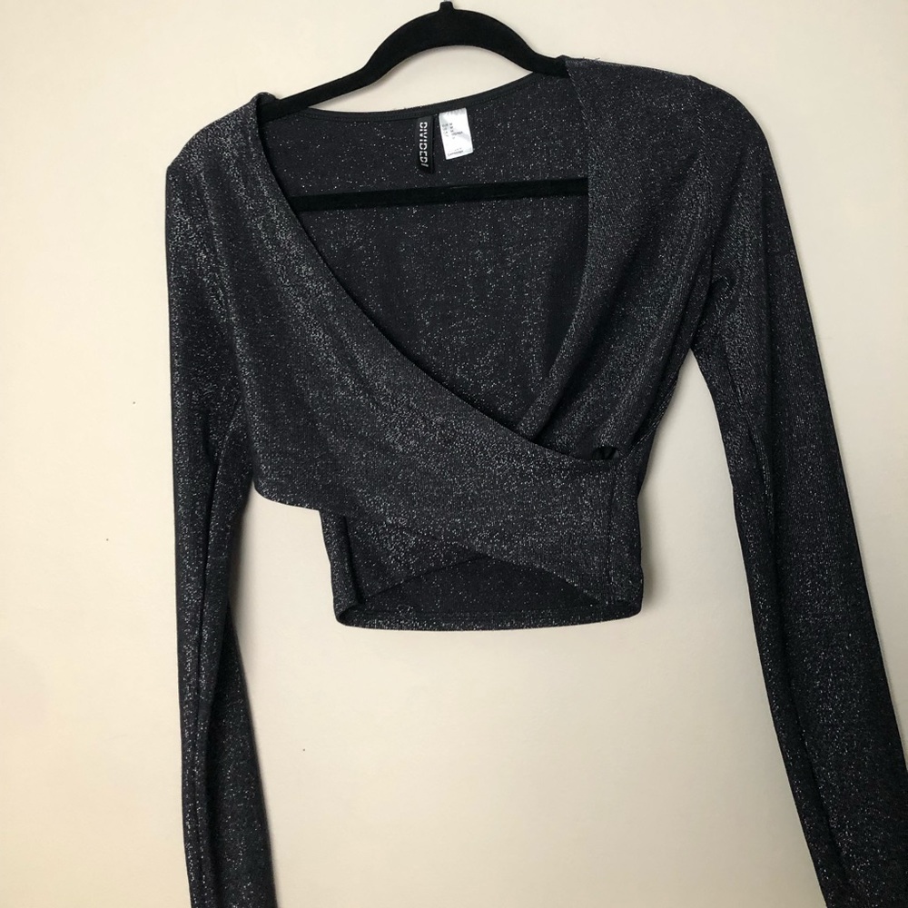 Gunmetal Grey Sparkle Long Sleeve Crop Top